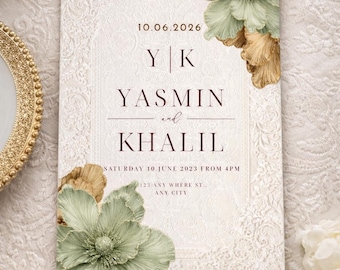 Plantilla de invitación Nikkah floral verde salvia - Tarjeta de boda islámica - Invitación editable