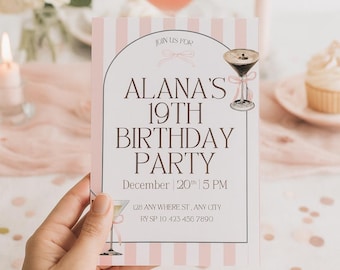 Invitación de cumpleaños con cóctel rosa / Invitación elegante para fiesta de cumpleaños / Plantilla editable / Rubor y marrón