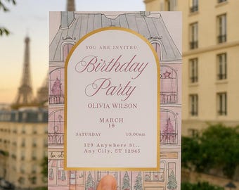 Invitación para fiesta de cumpleaños con elegancia parisina: rosa y blanco (plantilla Canva de 5 x 7, descarga digital)