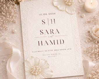 Elegante invitación de boda floral burdeos / Tarjeta marfil en relieve / Invitación formal vertical Nikkah de 5x7