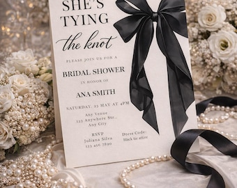 Invitación para despedida de soltera "She's Tying the Knot" / Elegante lazo negro / Elegante invitación impresa de 5x7