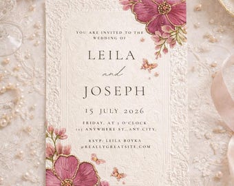 Plantilla de invitación floral de lujo para boda/Nikkah / Elegante tarjeta de boda romántica imprimible en rosa y dorado de 5x7