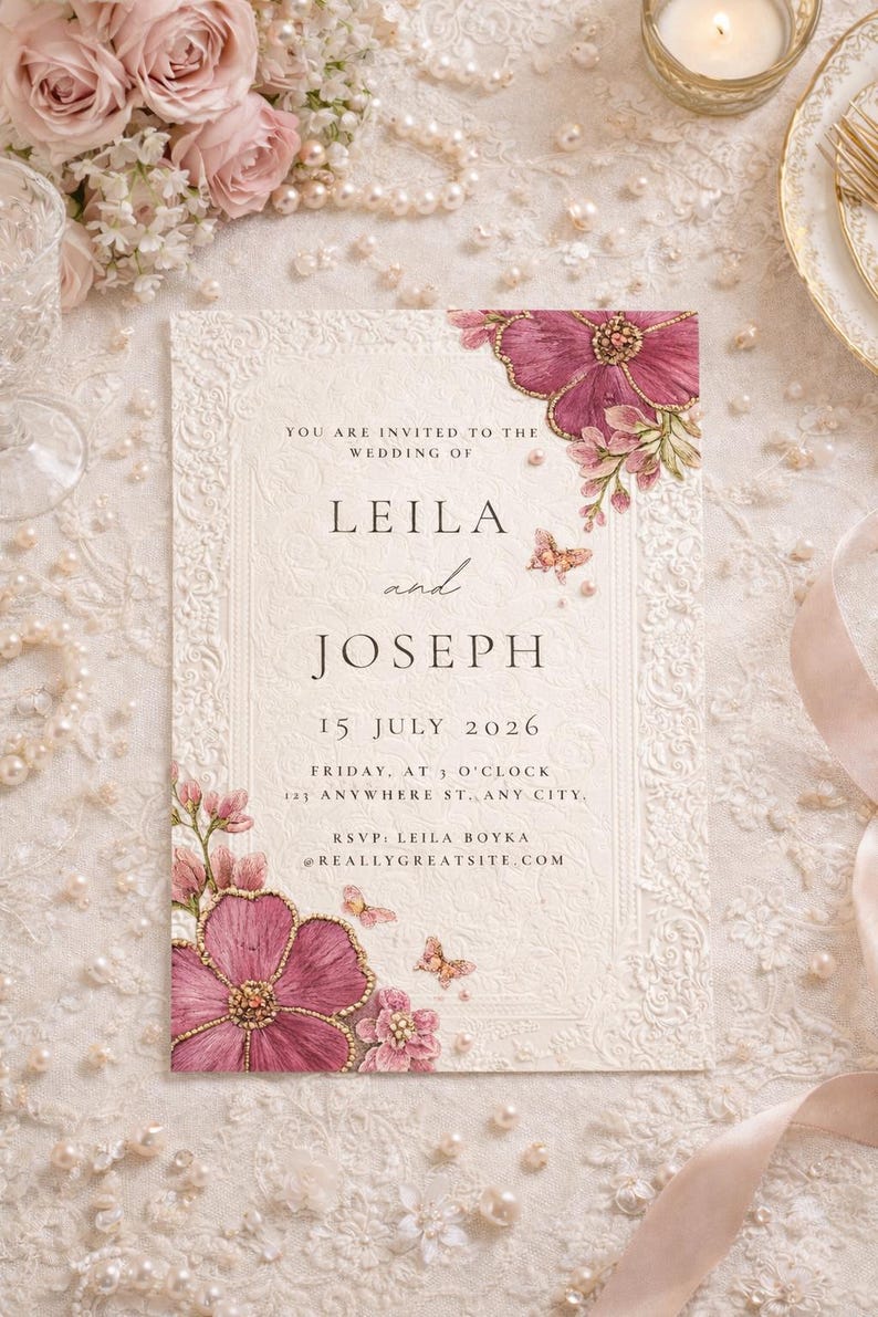 May include: Ivory wedding invitation with floral and butterfly accents. The invitation features the names "Leila and Joseph" and event details. The design includes pink flowers and gold accents, with the text "You are invited to the wedding of".