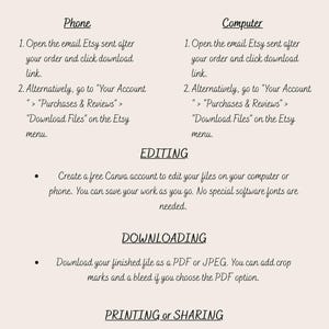 May include: A beige infographic titled "How to Access your Files" with instructions for downloading files from Etsy on a phone or computer. Includes steps for editing, downloading, and printing or sharing files.