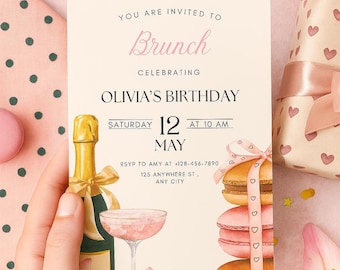 Invitación de cumpleaños elegante con brunch y champán: plantilla de Canva para fiesta en rosa y champán (descarga digital de 5x7)