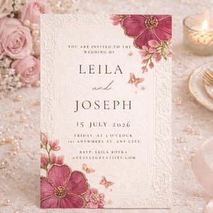 May include: Wedding invitation with floral and butterfly accents. The invitation reads "LEILA and JOSEPH" with the date "15 JULY 2026". The RSVP is for Leila Boyka at REALLYGREATSITE.COM. The invitation is cream-colored with a decorative border.