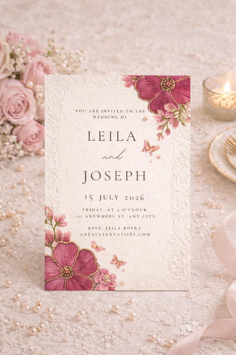 May include: Wedding invitation with floral and butterfly accents. The invitation reads "LEILA and JOSEPH" with the date "15 JULY 2026". The RSVP is for Leila Boyka at REALLYGREATSITE.COM. The invitation is cream-colored with a decorative border.