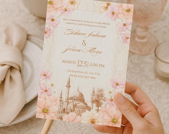 Plantilla de invitación floral para Nikkah – Tarjeta de boda islámica – Invitación editable – Diseño floral de mezquita rosa