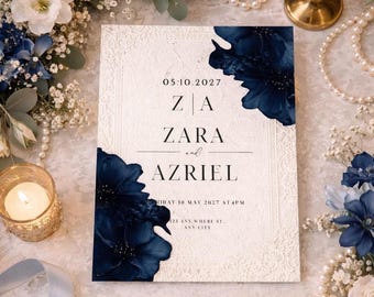 Plantilla elegante de invitación de boda Nikkah con flores azules / Invitación de boda / Tarjeta editable de Canva 5x7 / Descarga digital