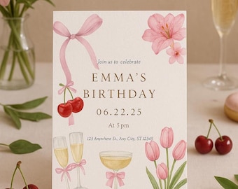 Invitación de cumpleaños floral rosa: Plantilla Canva de cereza y tulipán (Descarga digital 5x7)