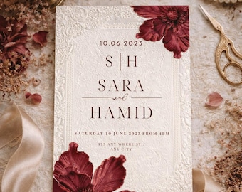 Elegante invitación de boda floral burdeos / Tarjeta marfil en relieve / Invitación formal vertical Nikkah de 5x7