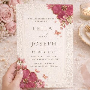 Luxury Floral Wedding/Nikkah Invitation Template | Elegant Romantic Pink & Gold Printable Wedding Card 5x7 image 7