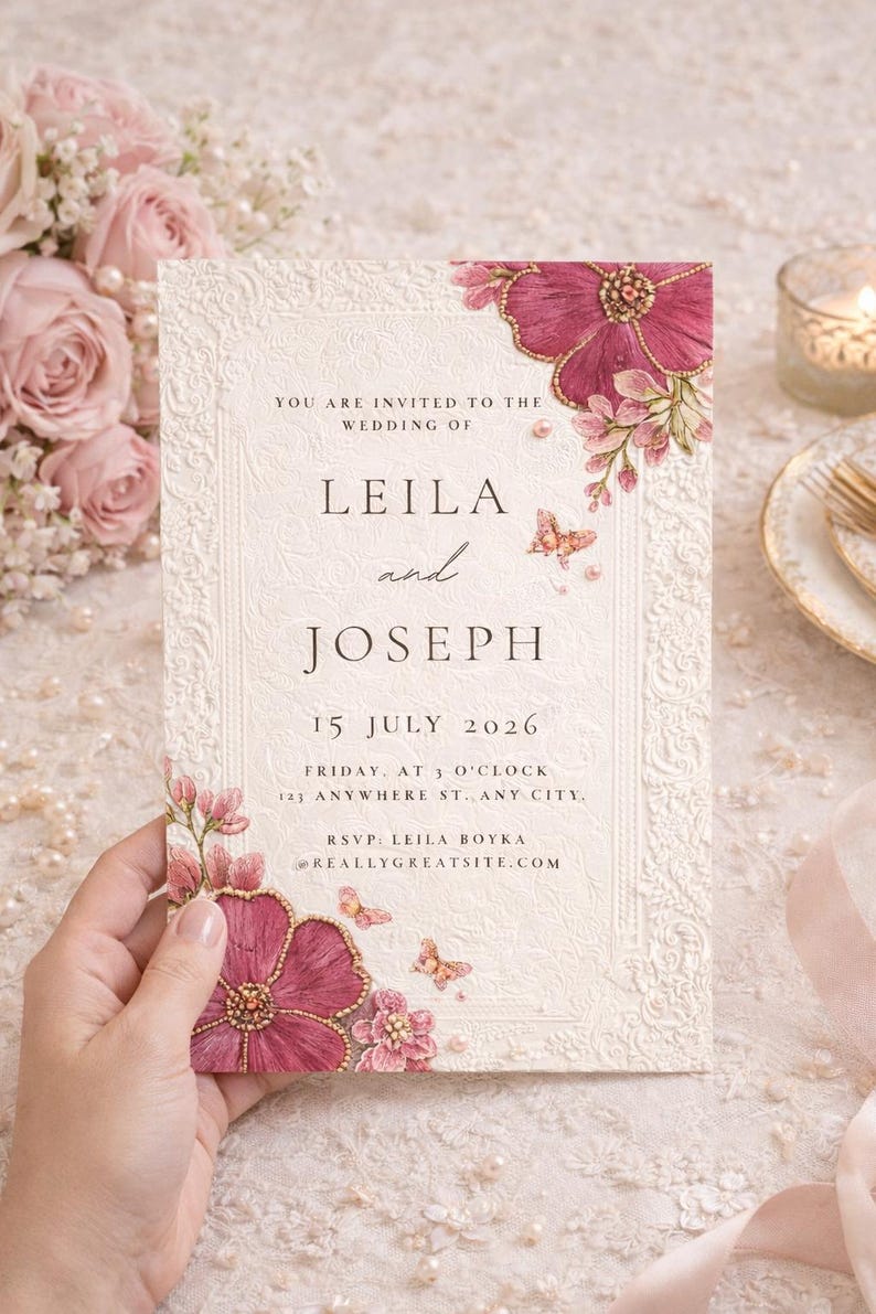 Luxury Floral Wedding/Nikkah Invitation Template | Elegant Romantic Pink & Gold Printable Wedding Card 5x7 image 7
