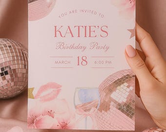 Invitación de cumpleaños con flores de discoteca rosa: elegante plantilla de Canva para fiesta en tonos rubor y dorado (descarga digital de 5x7)