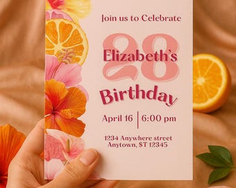 Invitación de cumpleaños con un dulce hibisco rosa: Plantilla de Canva con celebración floral rosa y naranja (descarga digital de 5x7)