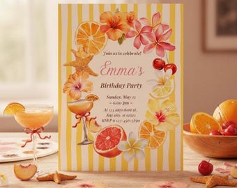 Invitación de cumpleaños con flores y frutas: Plantilla de Canva rosa y amarilla (descarga digital de 5x7)