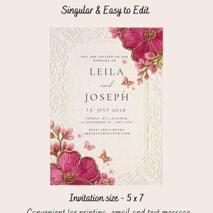 Luxury Floral Wedding/Nikkah Invitation Template | Elegant Romantic Pink & Gold Printable Wedding Card 5x7 image 2