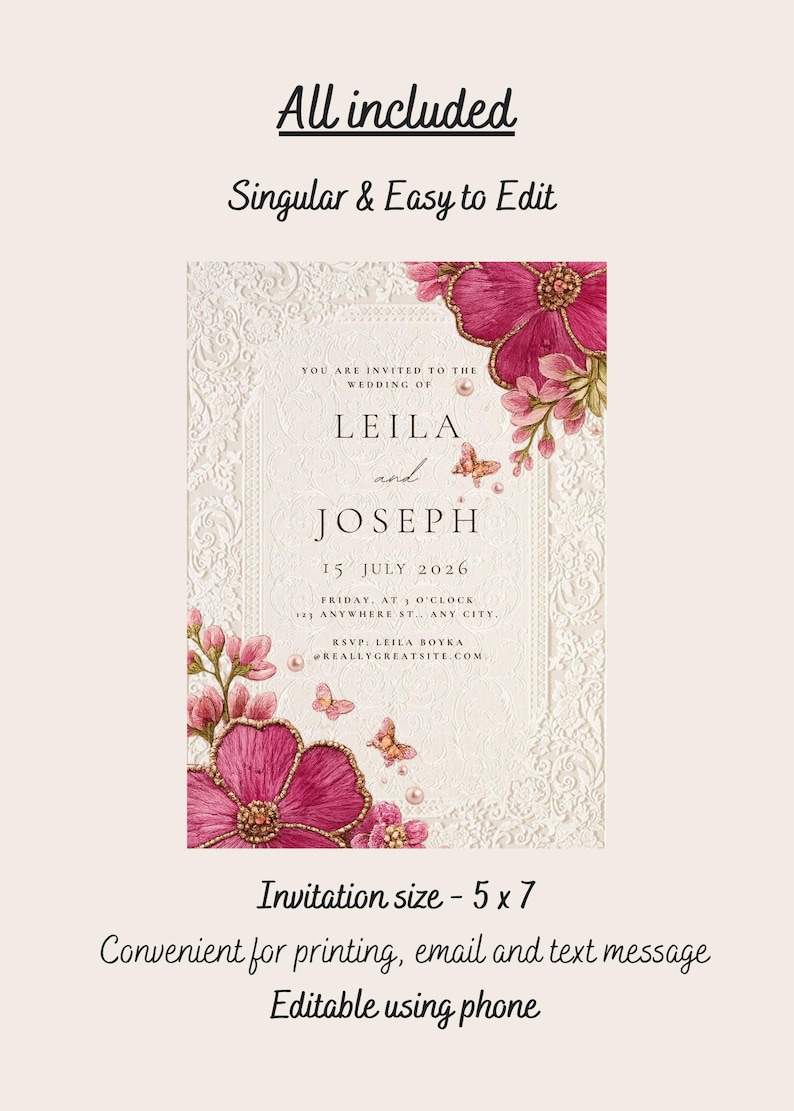 Luxury Floral Wedding/Nikkah Invitation Template | Elegant Romantic Pink & Gold Printable Wedding Card 5x7 image 2