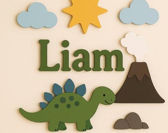 Personalized Dinosaur Name Sign, Wooden Nursery Decor, Custom Baby Wall Art