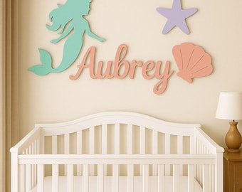 Mermaid Nursery Name Sign – Personalized 3D Wooden Wall Art, Under the Sea Baby Room Decor