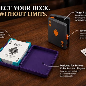 May include: A dark gray and purple plastic playing card case with an orange side latch. The case is open, revealing a standard deck of Bicycle playing cards held by teal inserts. Text on the image reads: PROTECT YOUR DECK. PLAY WITHOUT LIMITS.