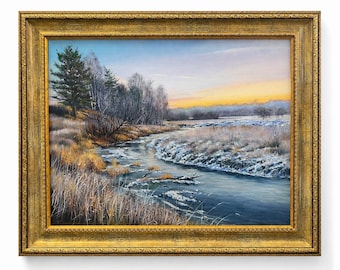Original Hand Painted Oil Painting Winter Landscape, Framed River Sunset Wall Art, Snow Nature Scene Canvas Artwork
