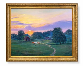 Peinture à l'huile originale peinte à la main, paysage coucher de soleil, art mural campagne encadré, décoration nature