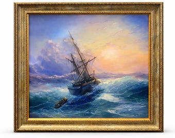 Hand Painted Ivan Aivazovsky Seascape Reproduction, Framed Ocean Oil Painting on Canvas, Classic Wall Art
