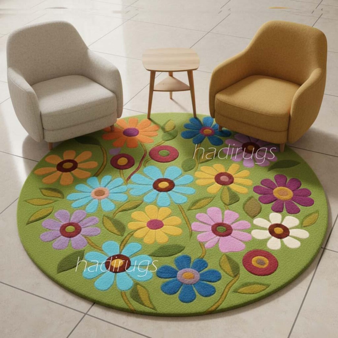 Whimsy Rugs Whimsical Flower Circle Rug – Bright Daisy Pattern Handmade Floor Mat ...