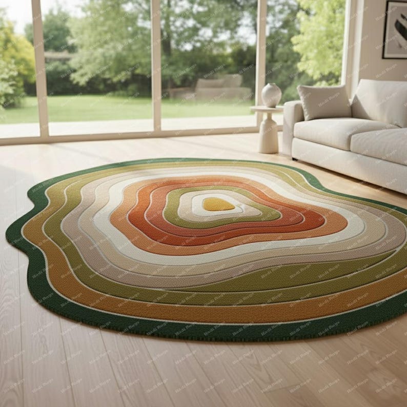 Puede incluir: Una alfombra redonda con un dise&ntilde;o en capas en tonos verdes, naranjas y beige. La alfombra tiene una forma org&aacute;nica &uacute;nica, que se asemeja a una secci&oacute;n transversal de un tronco de &aacute;rbol. Est&aacute; colocada sobre un suelo de madera clara.