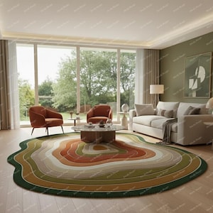Organic abstract area rug for modern living room

Irregular multicolor rug with earthy tones

Modern retro sculptural rug in living room

Freeform abstract rug with layered design

Contemporary organic shape carpet for home

Artistic statement rug for modern interiors