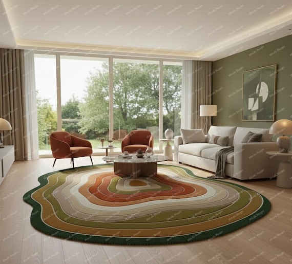 Organic Modern Abstract Area Rug, Irregular Shaped Wool Rug, Retro Earth Tone Carpet, Mid Century Living Room Decor Rug