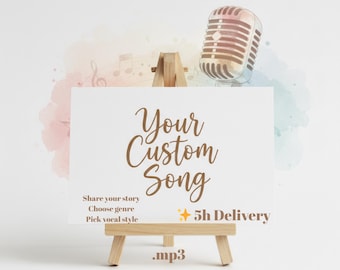 Può includere: Un cavalletto di legno espone una carta bianca con la scritta "Your Custom Song" in marrone. Il testo aggiuntivo include "Share your story, Choose genre, Pick vocal style, +5h Delivery, .mp3". Un microfono vintage è sopra.