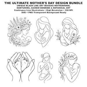 Könnte beinhalten: Eine Sammlung von schwarzen Strichzeichnungen zum Muttertag. Die Illustrationen zeigen Themen wie Mutterschaft, Fürsorge und Bindung. Einige Designs enthalten botanische Elemente. Der Text lautet: "THE ULTIMATE MOTHER'S DAY DESIGN BUNDLE".