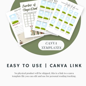May include: A collection of white printable templates for book reviews, reading logs, and favorite books of the year. The templates have space for images and ratings. The text "CANVA TEMPLATES" is displayed on the image. The text "EASY TO USE | CANVA LINK" is also displayed.