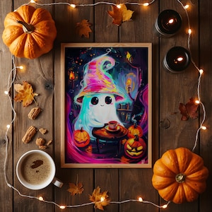 Handgetekende halloween-spookposter: retro heksenhoedkunst (digitale download)