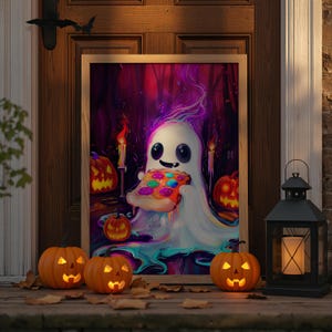 Halloween Ghost Pizza Poster | Hand-Painted Spooky Wall Art | Ghost with Pizza, Pumpkins & Candles | Digital Printable Download
