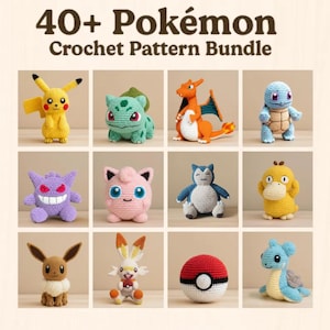 May include: A collection of crocheted Pokémon characters, including Pikachu, Bulbasaur, and Charmander, arranged in a grid. The characters are brightly colored and detailed, showcasing various poses. The text "40+ Pokémon Crochet Pattern Bundle" is at the top.