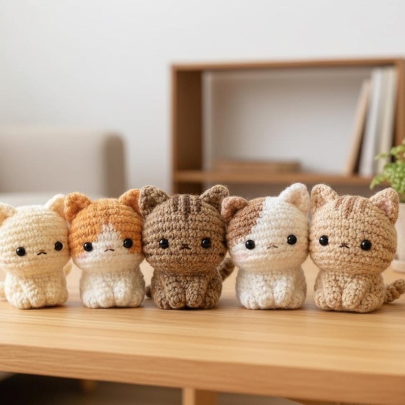 May include: Five handmade crochet cat figurines in various colors, including cream, orange, brown, and white. Each cat has black eyes and a small, stitched mouth. They are arranged on a light-colored wooden surface.