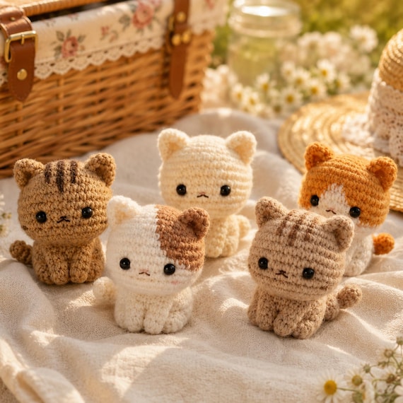 5 in 1 Mini Cat Amigurumi Crochet Pattern Bundle PDF, Cute Kitten Plush Crochet Tutorial, Kawaii Mini Crochet Cat Toys, Instant Download