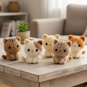 May include: Five handmade crochet cat figurines in various colors, including brown, white, and orange, sit on a wooden table. Each cat has a unique pattern and adorable features, such as big black eyes and small ears. The cats are approximately 3 inches tall.