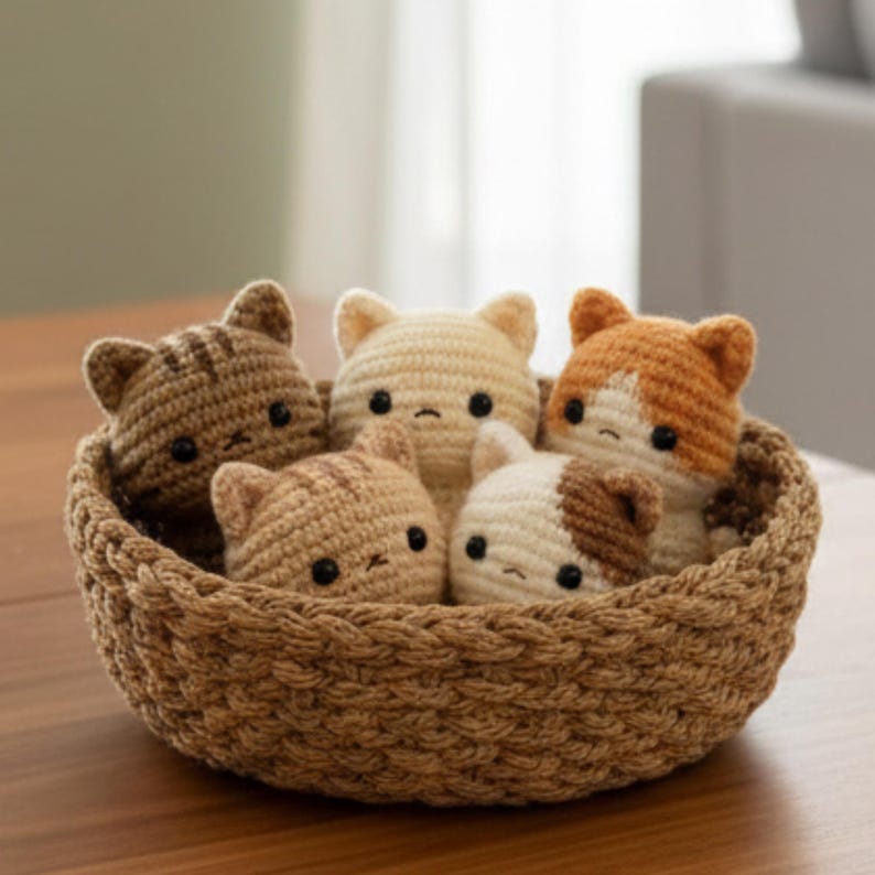 May include: A woven basket filled with five crocheted cat toys. The cats are various colors, including brown, cream, and orange, with black eyes and small ears. The basket is a light brown color and sits on a wooden surface.