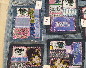 刺繍デニムボロパッチ：ヒッピースタイルのボヘミアンアップリケ