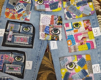 デニムアップサイクルアップリケハンドメイドボヘミアン「EYES」ボロ刺繍パッチ
