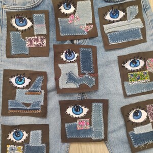 Parche de ojo de mezclilla de lona, broche de retazos acolchado a máquina, insignia de mosaico con borde sin rematar