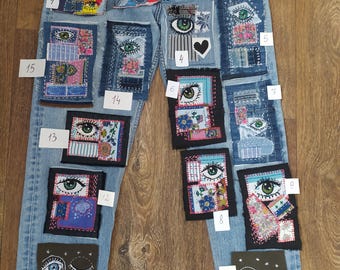 ハンドメイド刺繍デニムパッチ：ボヘミアン風アップサイクル「EYES」ボロアップリケ