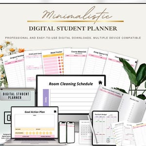 Peut inclure: Un planificateur numérique pour étudiants de conception minimaliste, affiché sur divers appareils, dont un ordinateur portable, une tablette et des smartphones. Le planificateur comprend des sections pour les devoirs, le suivi de l'humeur et la planification des objectifs.