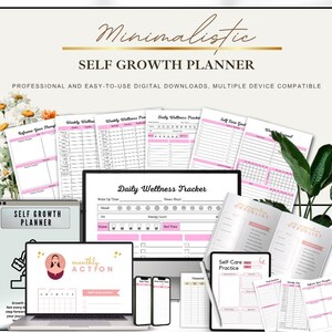 Könnte beinhalten: Ein digitaler Selbstwachstumsplaner mit minimalistischem Design. Das Bild zeigt verschiedene digitale Seiten, darunter ein täglicher Wellness-Tracker, ein wöchentlicher Wellness-Tracker und Selbstpflege-Übungsseiten. Der Planer ist mit mehreren Geräten kompatibel.