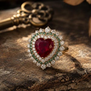 May include: A gold ring featuring a large heart-shaped red gemstone at the center, surrounded by a halo of small green stones and an outer border of clear white stones. The ring is positioned on a textured stone surface near an antique metal key.