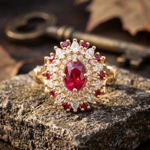 Anello antico con rubino, anello vintage in oro con aureola floreale, anello ovale con grappolo di rubini rossi, gioielli di lusso per cocktail ispirati all'epoca vittoriana.